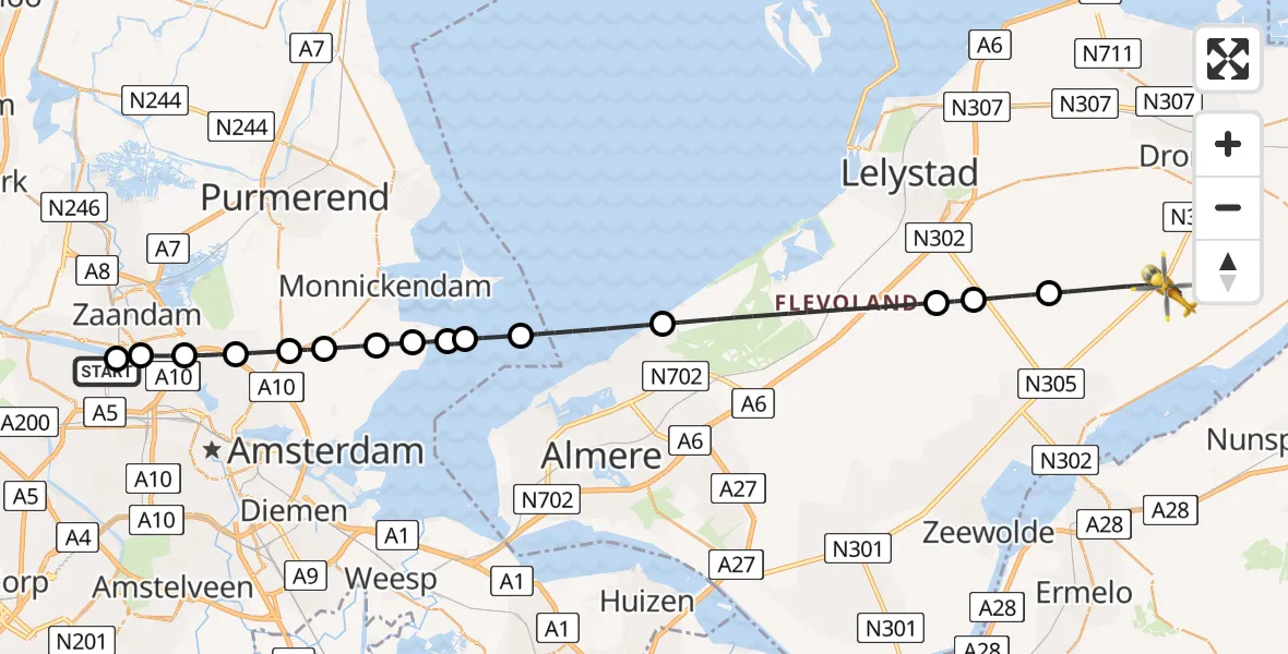 Vluchtroute Traumahelikopter Amsterdam Heliport - Biddinghuizen, 10 augustus 2026, 05:25