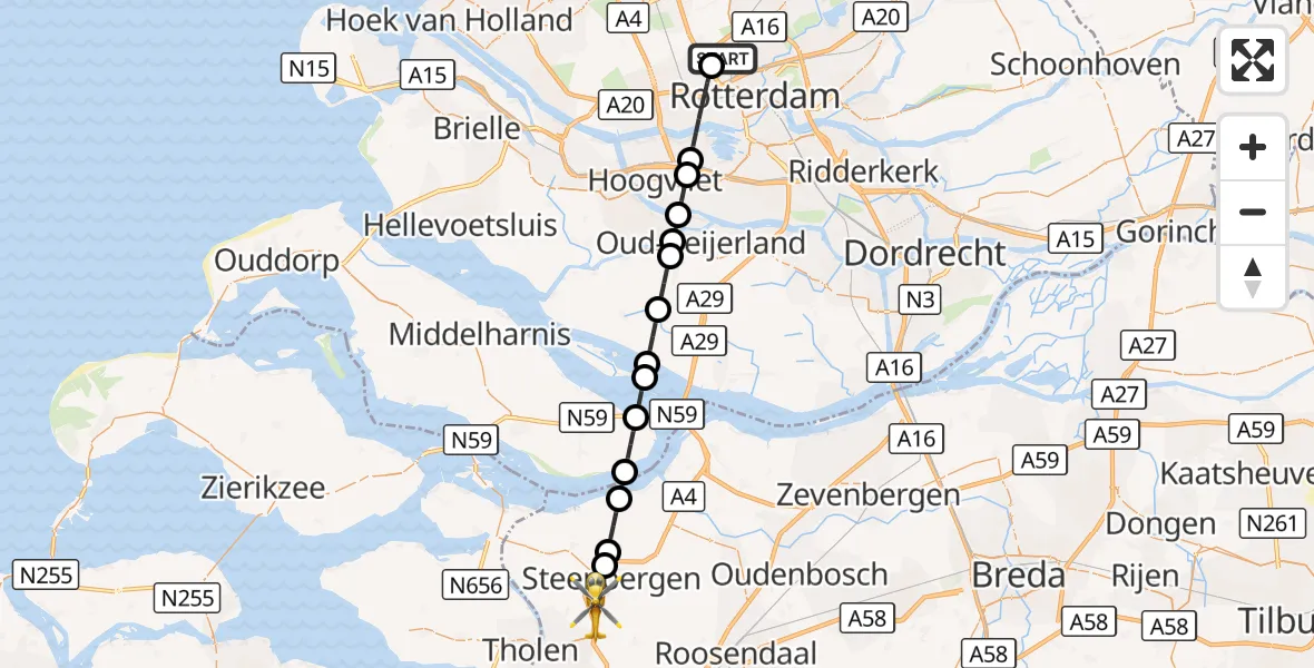 Vluchtroute Traumahelikopter Rotterdam The Hague Airport - Steenbergen, 10 augustus 2026, 05:33