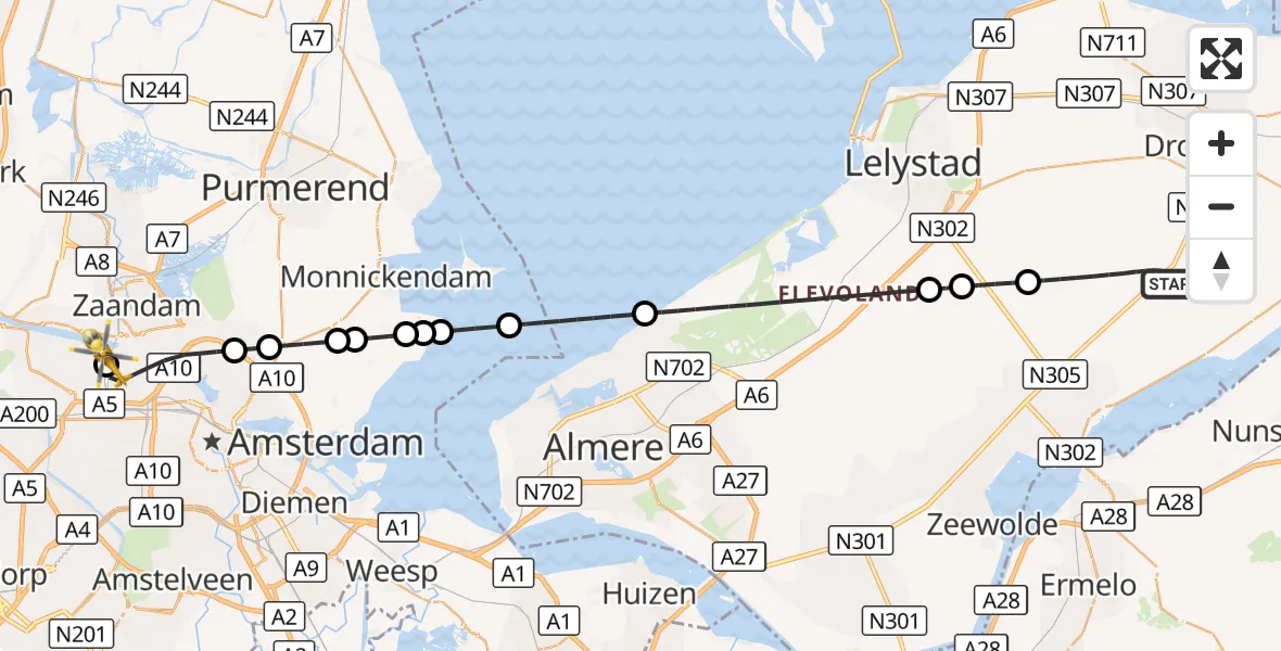 Vluchtroute Traumahelikopter Biddinghuizen - Amsterdam Heliport, 10 augustus 2026, 05:59