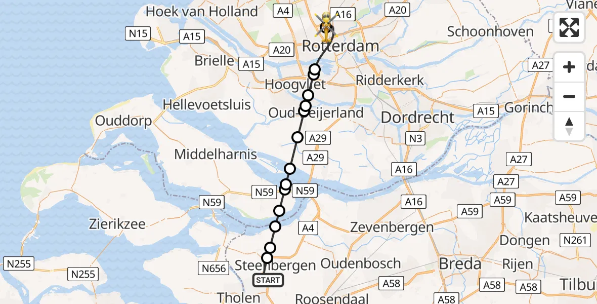 Vluchtroute Traumahelikopter Steenbergen - Rotterdam The Hague Airport, 10 augustus 2026, 06:21
