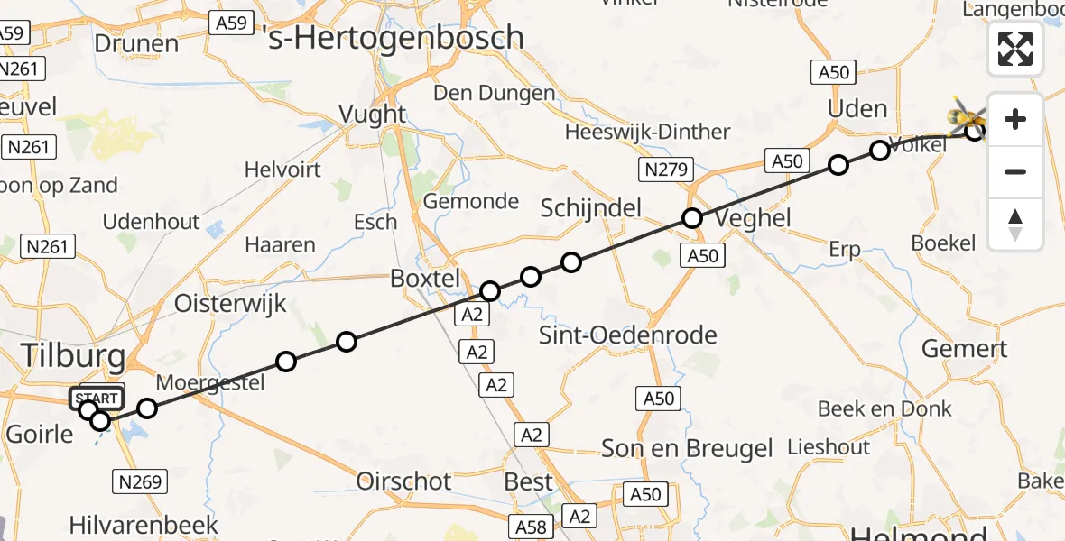 Vluchtroute Ambulancehelikopter St. Elisabeth Hospital Heliport - Vliegbasis Volkel, 10 augustus 2026, 09:57