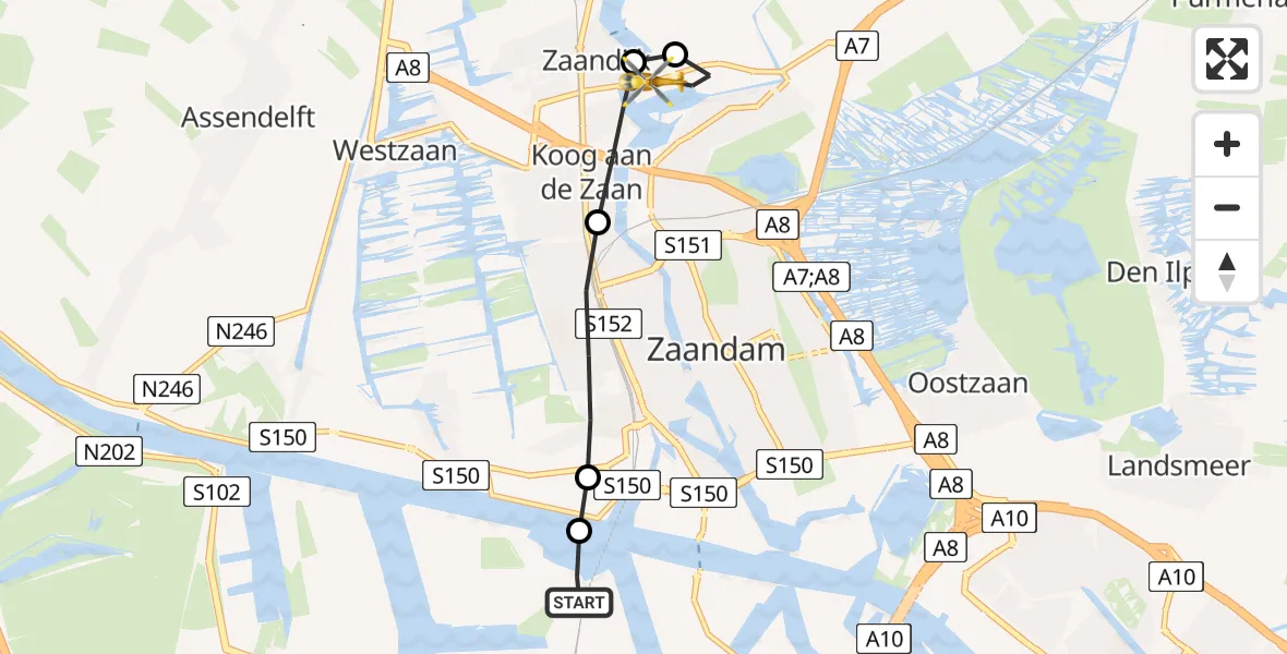 Vluchtroute Traumahelikopter Amsterdam Heliport - Zaandam, 10 augustus 2026, 10:03