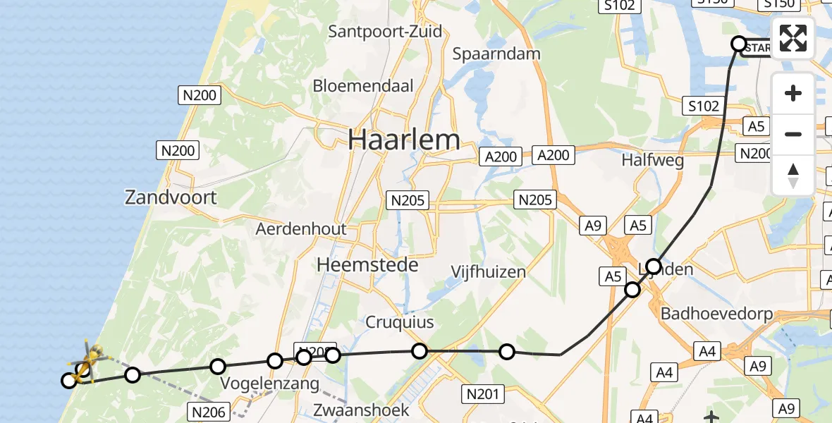Vluchtroute Traumahelikopter Amsterdam Heliport - Noordwijk, 10 augustus 2026, 10:39