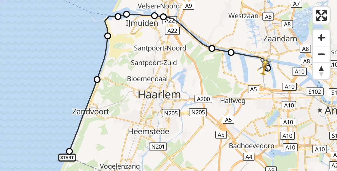 Vluchtroute Traumahelikopter Noordwijk - Amsterdam Heliport, 10 augustus 2026, 11:01