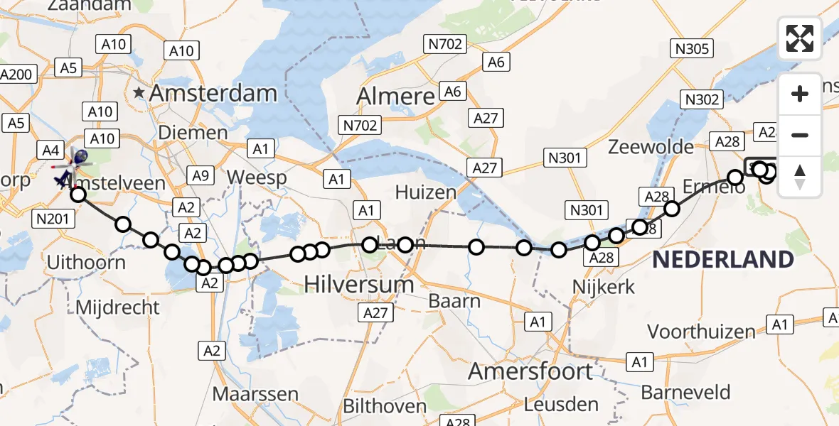 Vluchtroute Politiehelikopter Harderwijk - Amsterdam Vliegveld Schiphol, 10 augustus 2026, 11:56