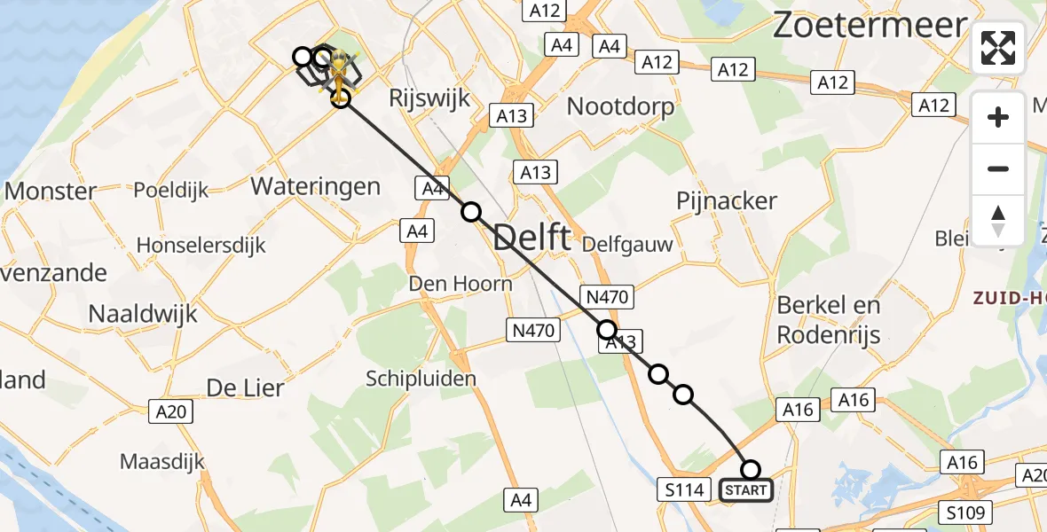 Vluchtroute Traumahelikopter Rotterdam The Hague Airport - 's-Gravenhage, 10 augustus 2026, 14:36