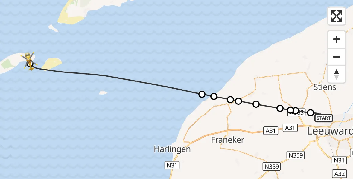 Vluchtroute Ambulancehelikopter Vliegbasis Leeuwarden - Vlieland Heliport, 10 augustus 2026, 15:16