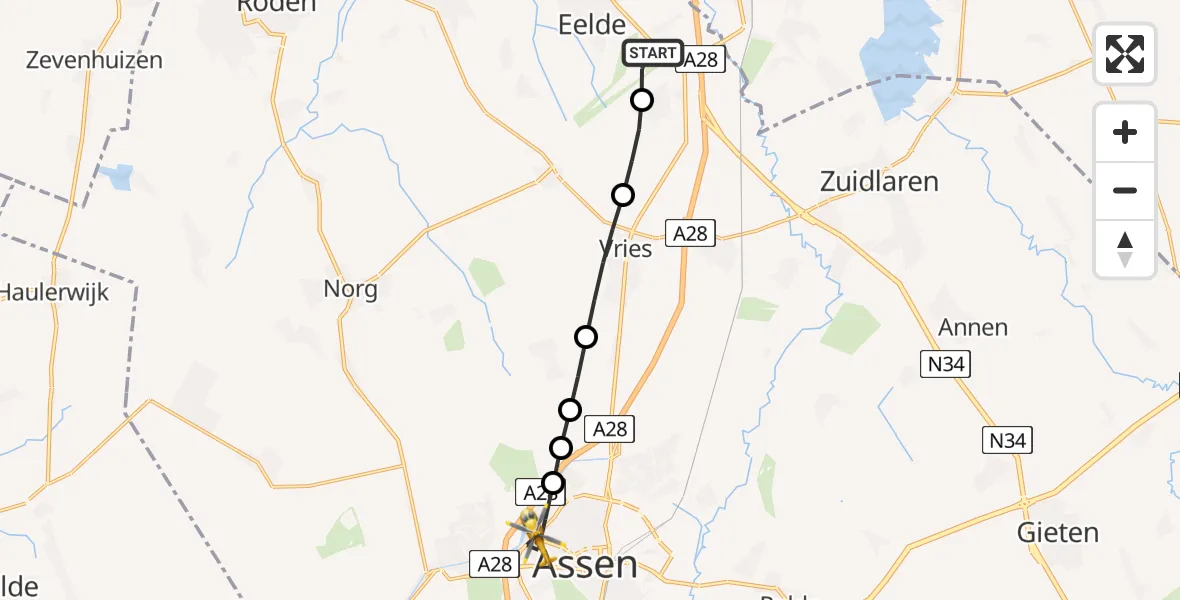 Vluchtroute Traumahelikopter Groningen Airport Eelde - Assen, 10 augustus 2026, 15:53