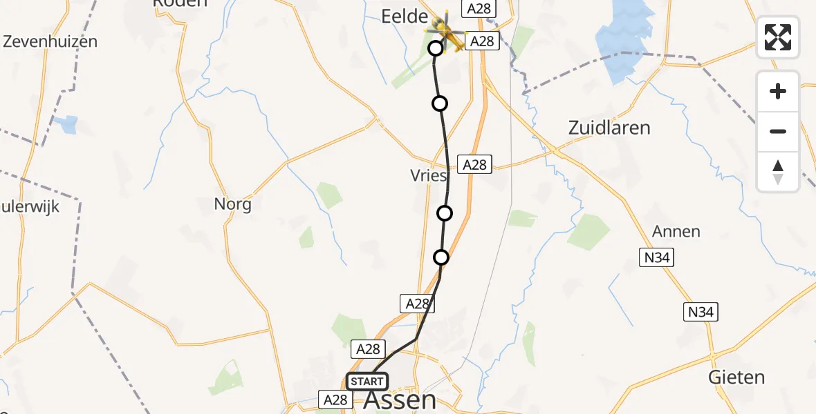 Vluchtroute Traumahelikopter Assen - Groningen Airport Eelde, 10 augustus 2026, 16:33