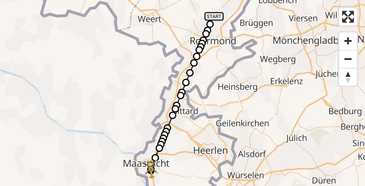 Vluchtroute Traumahelikopter Neer - Maastricht UMC+, 10 augustus 2026, 16:45
