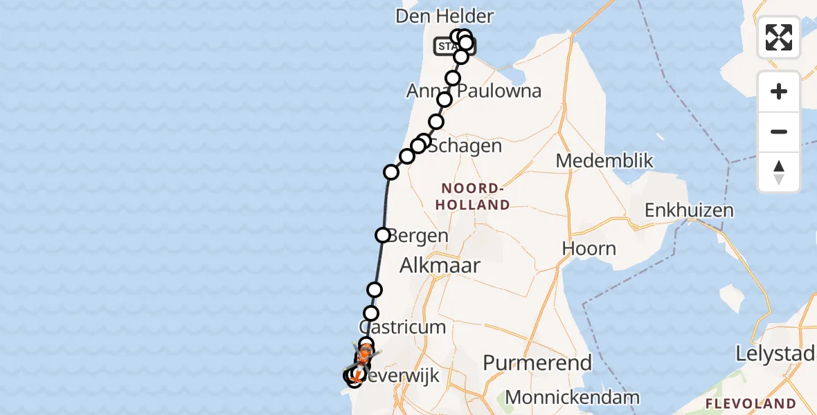 Vluchtroute Kustwachthelikopter Militair vliegveld De Kooy / Den Helder Airport - Noordzee, 10 augustus 2026, 17:05