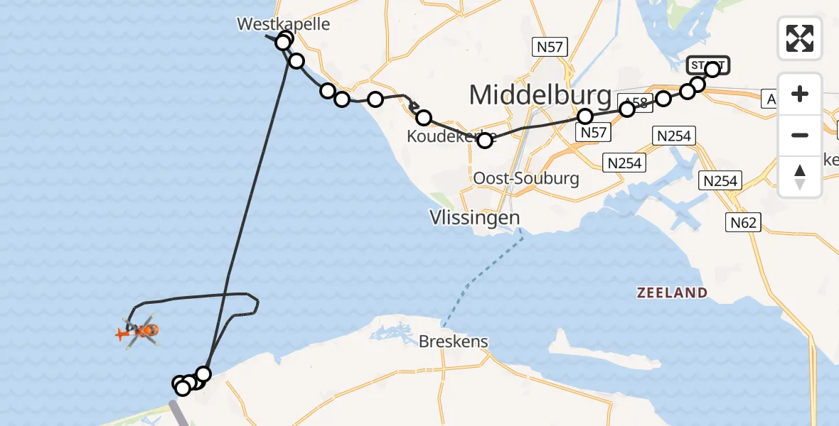 Vluchtroute Kustwachthelikopter Vliegveld Midden-Zeeland - Noordzee, 10 augustus 2026, 17:15