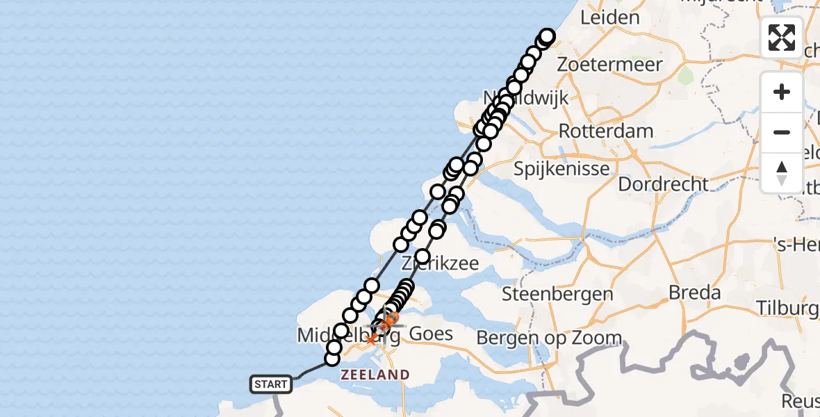 Vluchtroute Kustwachthelikopter Noordzee - Vliegveld Midden-Zeeland, 10 augustus 2026, 17:46