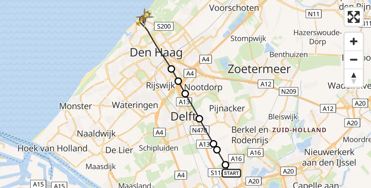 Vluchtroute Traumahelikopter Rotterdam The Hague Airport - 's-Gravenhage, 10 augustus 2026, 18:05