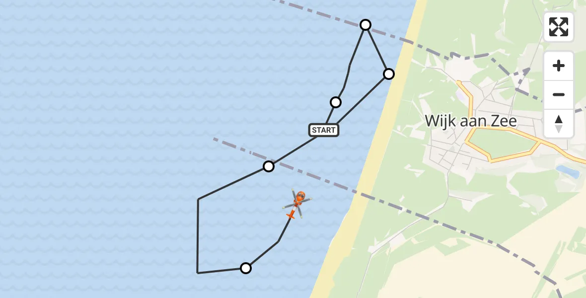 Vluchtroute Kustwachthelikopter Noordzee - Velsen-Noord, 10 augustus 2026, 18:08