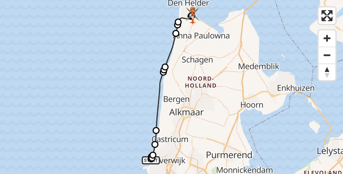 Vluchtroute Kustwachthelikopter Velsen-Noord - Militair vliegveld De Kooy / Den Helder Airport, 10 augustus 2026, 18:13