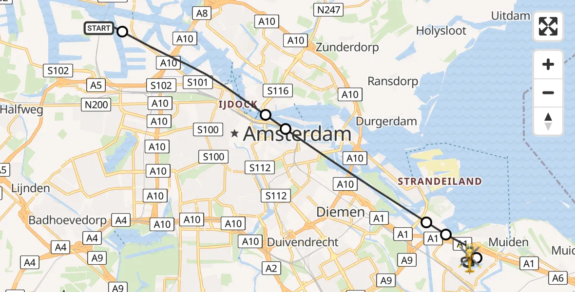 Vluchtroute Traumahelikopter Amsterdam Heliport - Weesp, 10 augustus 2026, 20:55