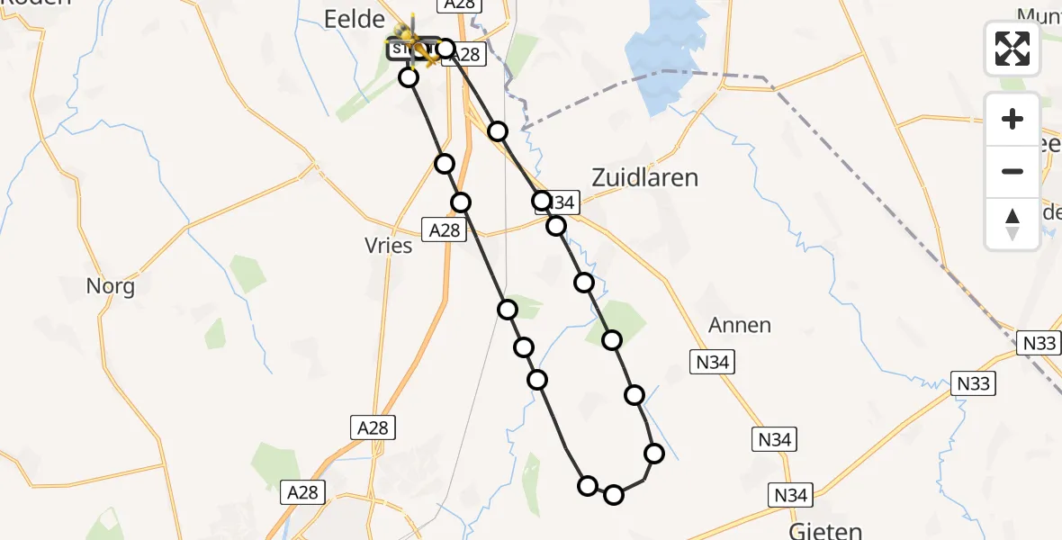 Vluchtroute Traumahelikopter Groningen Airport Eelde - Groningen Airport Eelde, 10 augustus 2026, 22:19