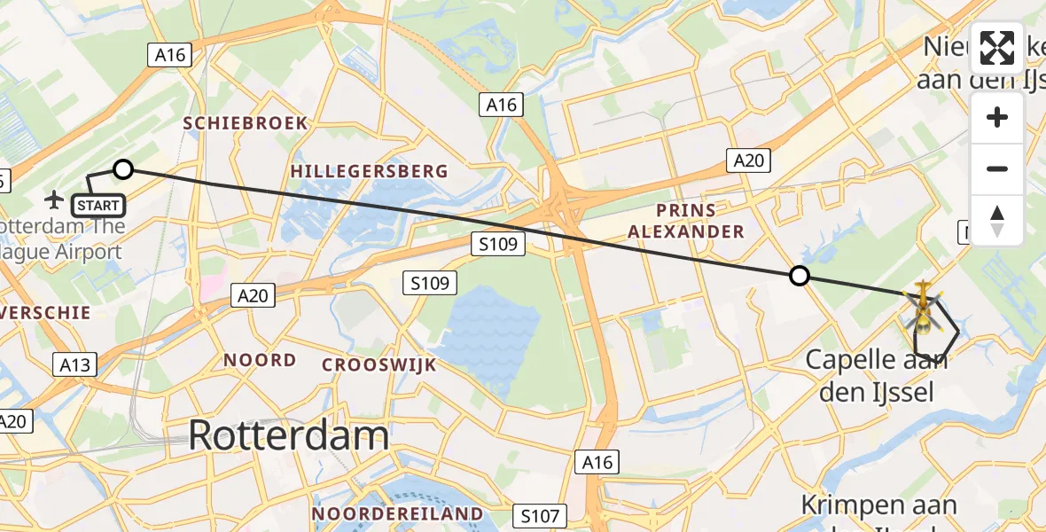 Vluchtroute Traumahelikopter Rotterdam The Hague Airport - Capelle aan den IJssel, 11 augustus 2026, 03:52