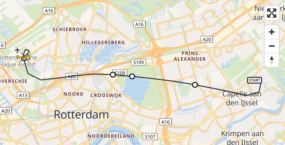 Vluchtroute Traumahelikopter Capelle aan den IJssel - Rotterdam The Hague Airport, 11 augustus 2026, 04:28