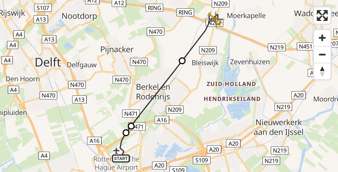 Vluchtroute Traumahelikopter Rotterdam The Hague Airport - Bleiswijk, 11 augustus 2026, 05:52