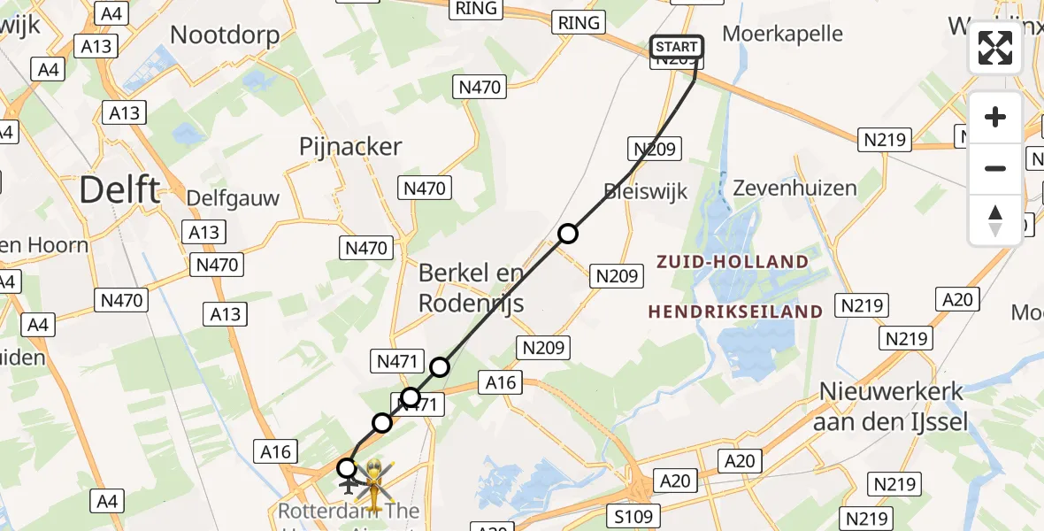 Vluchtroute Traumahelikopter Bleiswijk - Rotterdam The Hague Airport, 11 augustus 2026, 06:17