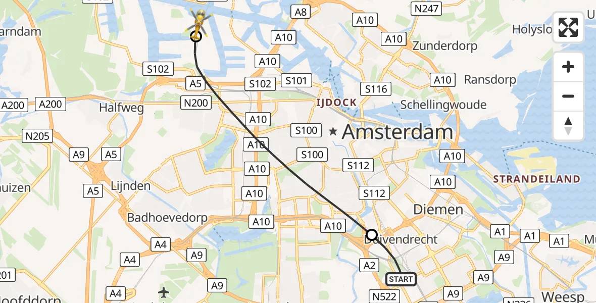 Vluchtroute Traumahelikopter Amsterdam-Duivendrecht - Amsterdam Heliport, 11 augustus 2026, 07:28