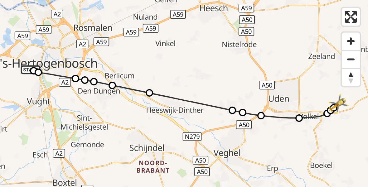 Vluchtroute Traumahelikopter 's-Hertogenbosch - Vliegbasis Volkel, 11 augustus 2026, 10:14