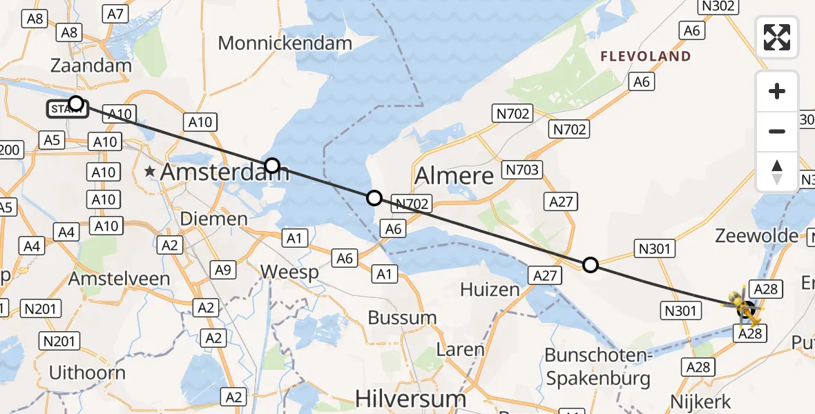 Vluchtroute Traumahelikopter Amsterdam Heliport - Zeewolde, 11 augustus 2026, 10:44