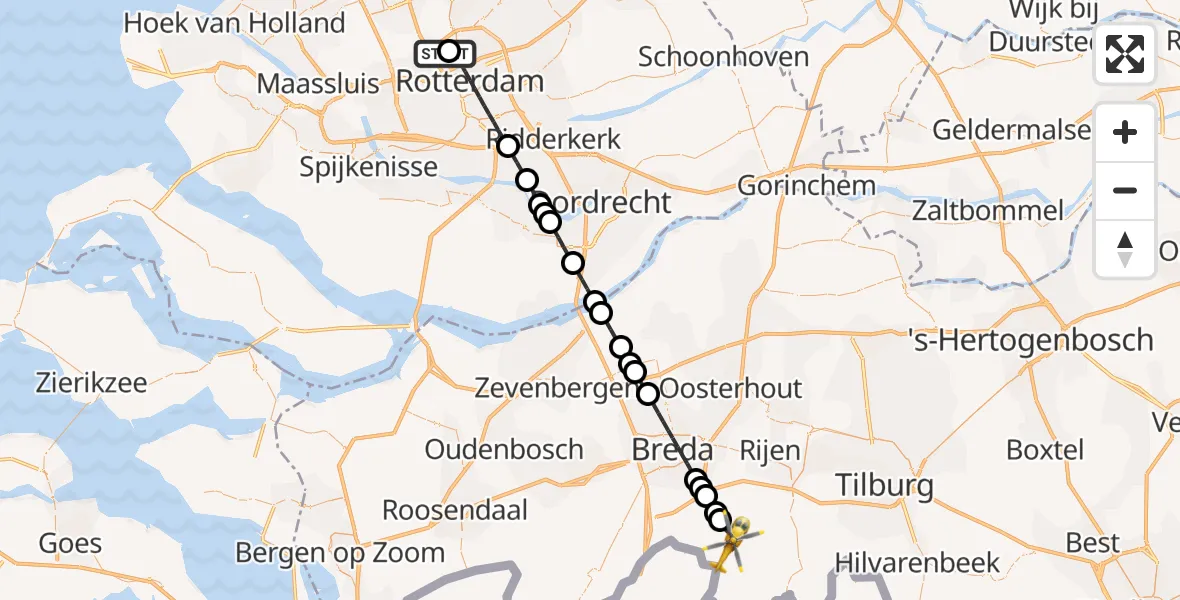 Vluchtroute Traumahelikopter Rotterdam The Hague Airport - Chaam, 11 augustus 2026, 10:50