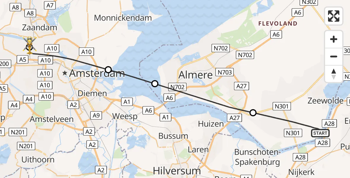 Vluchtroute Traumahelikopter Zeewolde - Amsterdam Heliport, 11 augustus 2026, 11:17