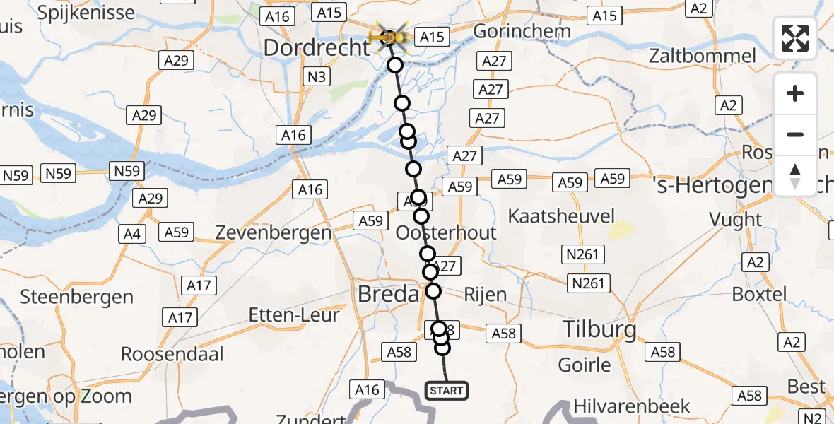 Vluchtroute Traumahelikopter Chaam - Sliedrecht, 11 augustus 2026, 11:28