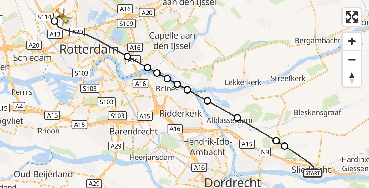 Vluchtroute Traumahelikopter Sliedrecht - Rotterdam The Hague Airport, 11 augustus 2026, 11:57