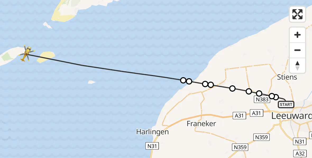 Vluchtroute Ambulancehelikopter Vliegbasis Leeuwarden - Vlieland Heliport, 11 augustus 2026, 11:59