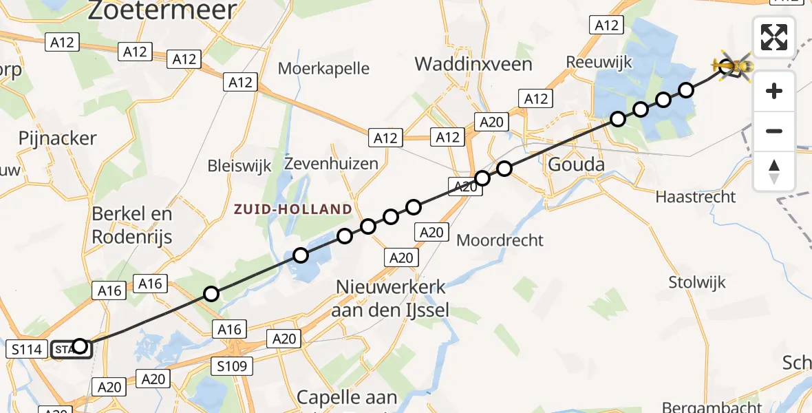 Vluchtroute Traumahelikopter Rotterdam The Hague Airport - Driebruggen, 11 augustus 2026, 12:14