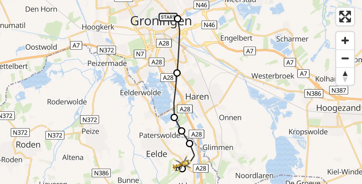 Vluchtroute Traumahelikopter Universitair Medisch Centrum Groningen - Groningen Airport Eelde, 11 augustus 2026, 13:07
