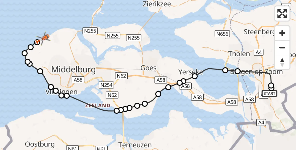 Vluchtroute Kustwachthelikopter Vliegbasis Woensdrecht - Domburg, 11 augustus 2026, 13:11