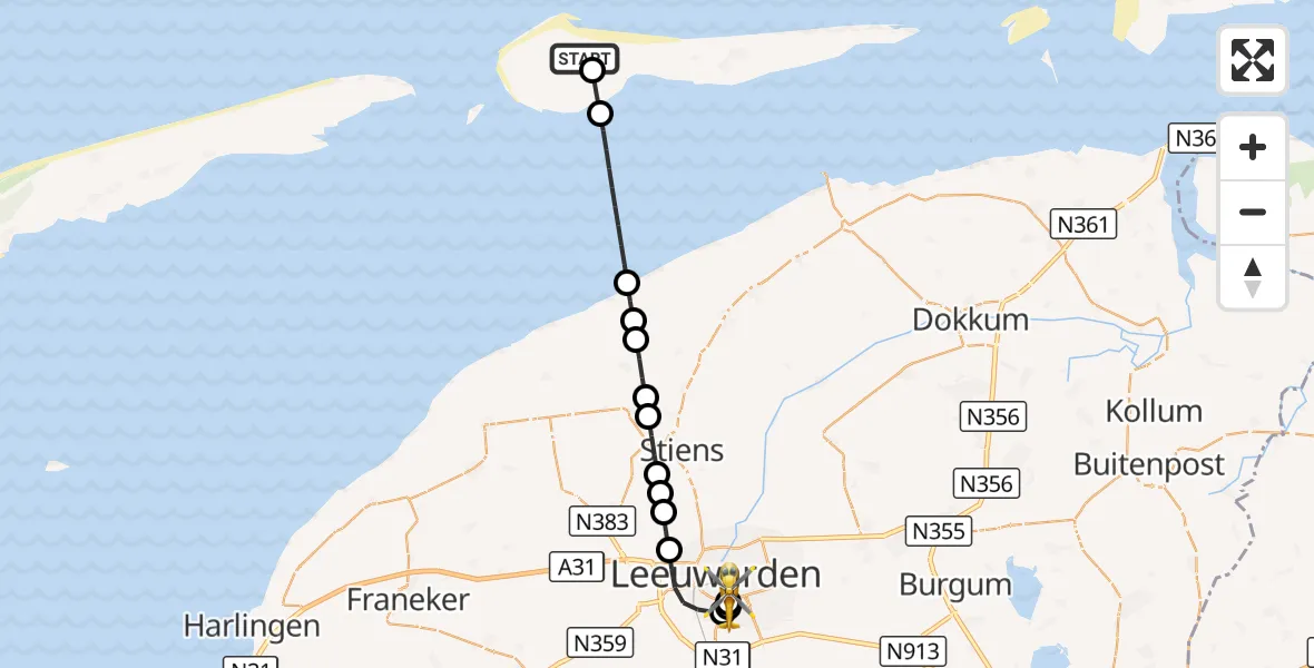 Vluchtroute Ambulancehelikopter Ameland Vliegveld Ballum - Leeuwarden Medical Center Heliport, 11 augustus 2026, 15:10