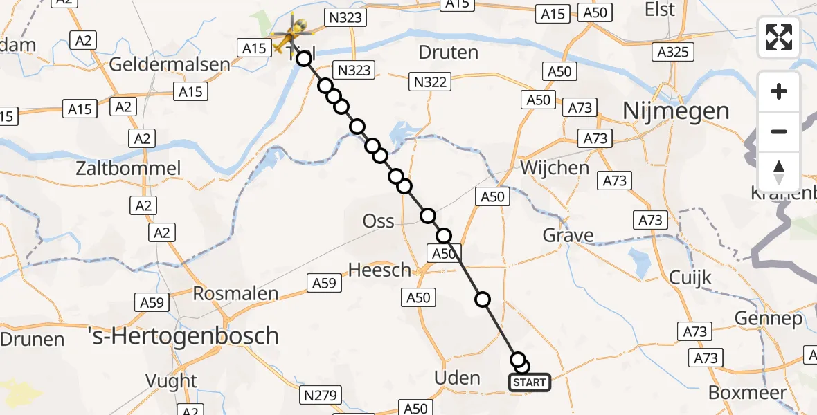 Vluchtroute Traumahelikopter Vliegbasis Volkel - Tiel, 11 augustus 2026, 15:38