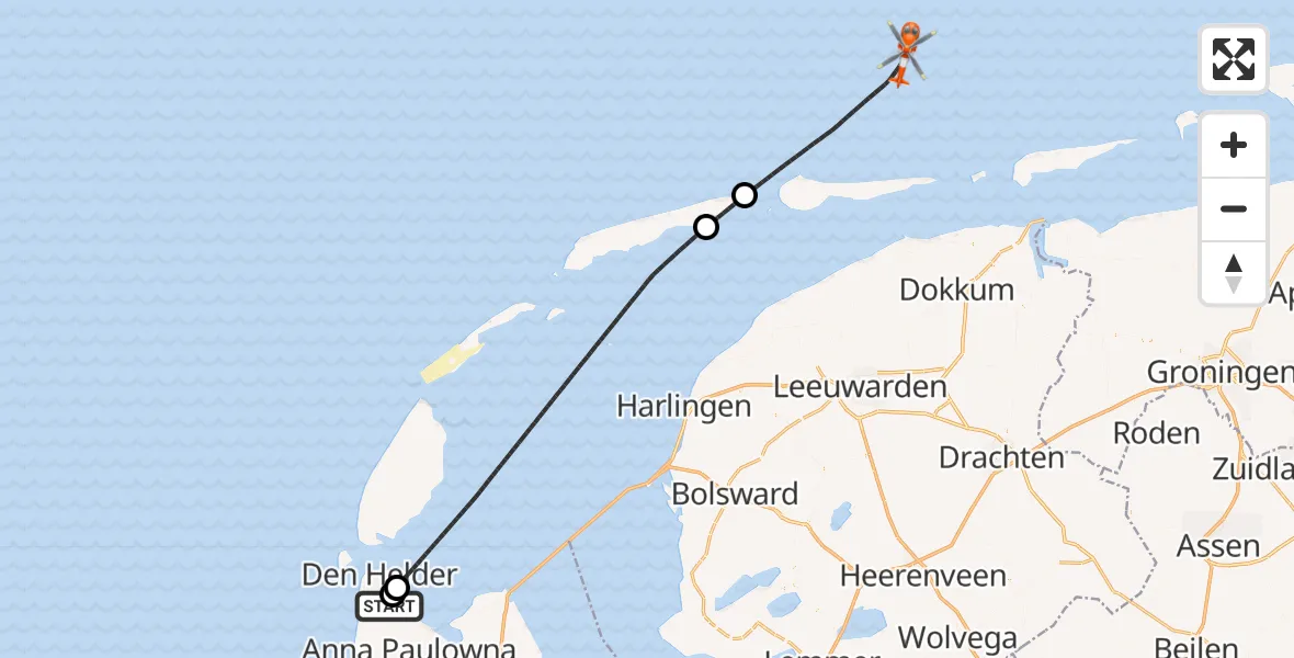 Vluchtroute Kustwachthelikopter Militair vliegveld De Kooy / Den Helder Airport - Noordzee, 11 augustus 2026, 16:23