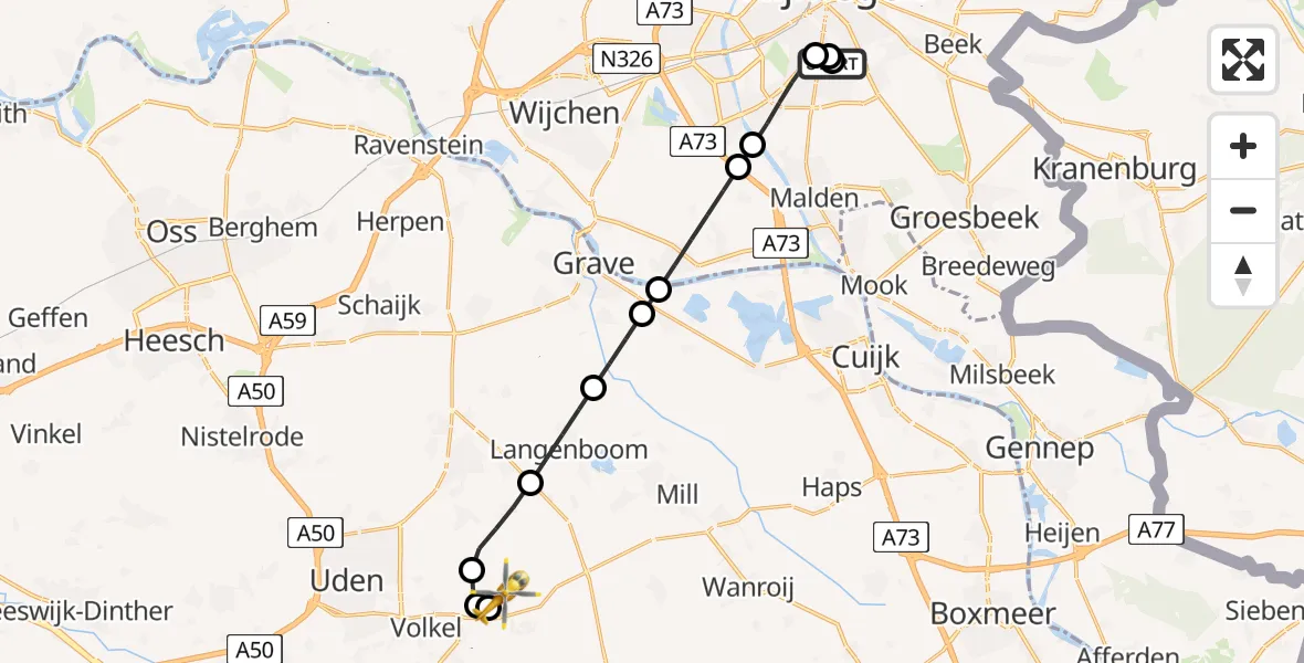 Vluchtroute Traumahelikopter Radboud Universitair Medisch Centrum - Vliegbasis Volkel, 11 augustus 2026, 16:30