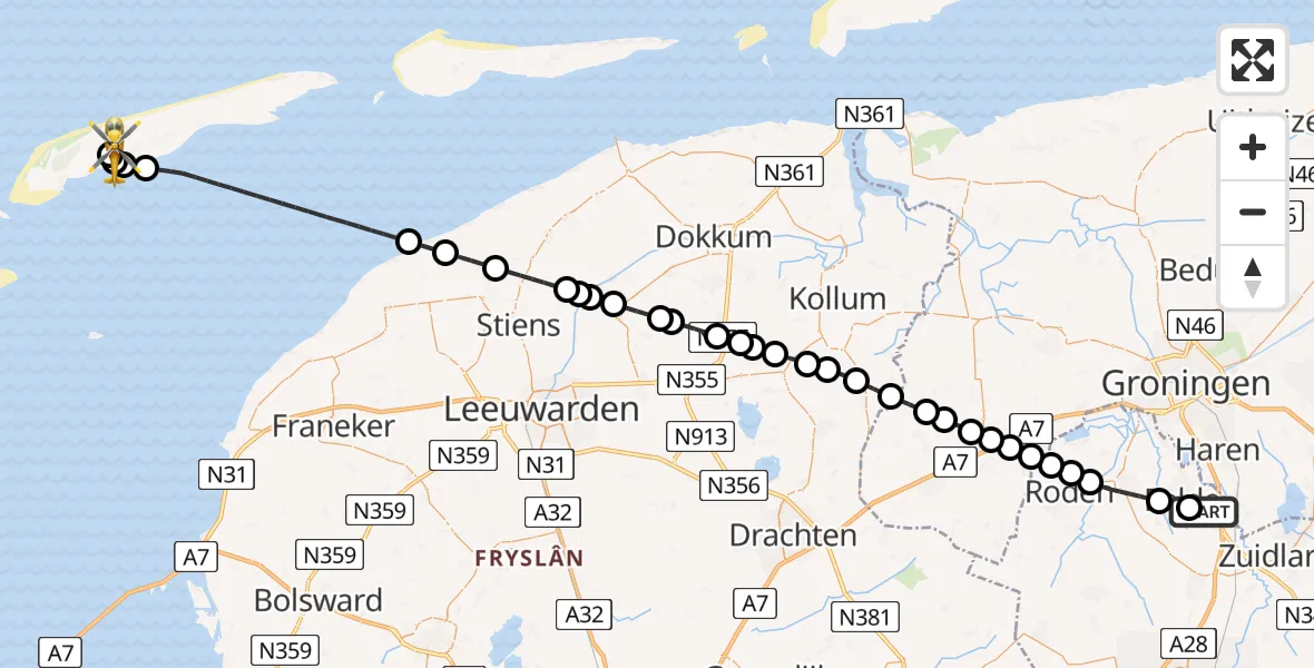 Vluchtroute Ambulancehelikopter Groningen Airport Eelde - Terschelling Heliport, 11 augustus 2026, 17:37