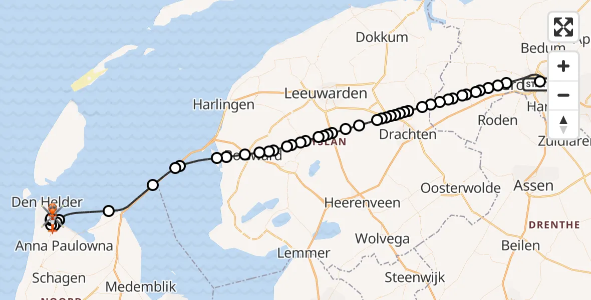 Vluchtroute Kustwachthelikopter Universitair Medisch Centrum Groningen - Militair vliegveld De Kooy / Den Helder Airport, 11 augustus 2026, 18:03