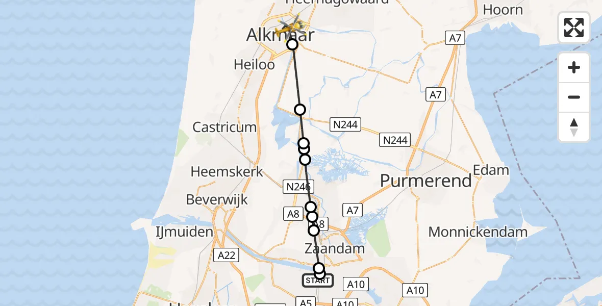 Vluchtroute Traumahelikopter Amsterdam Heliport - Alkmaar, 11 augustus 2026, 20:56