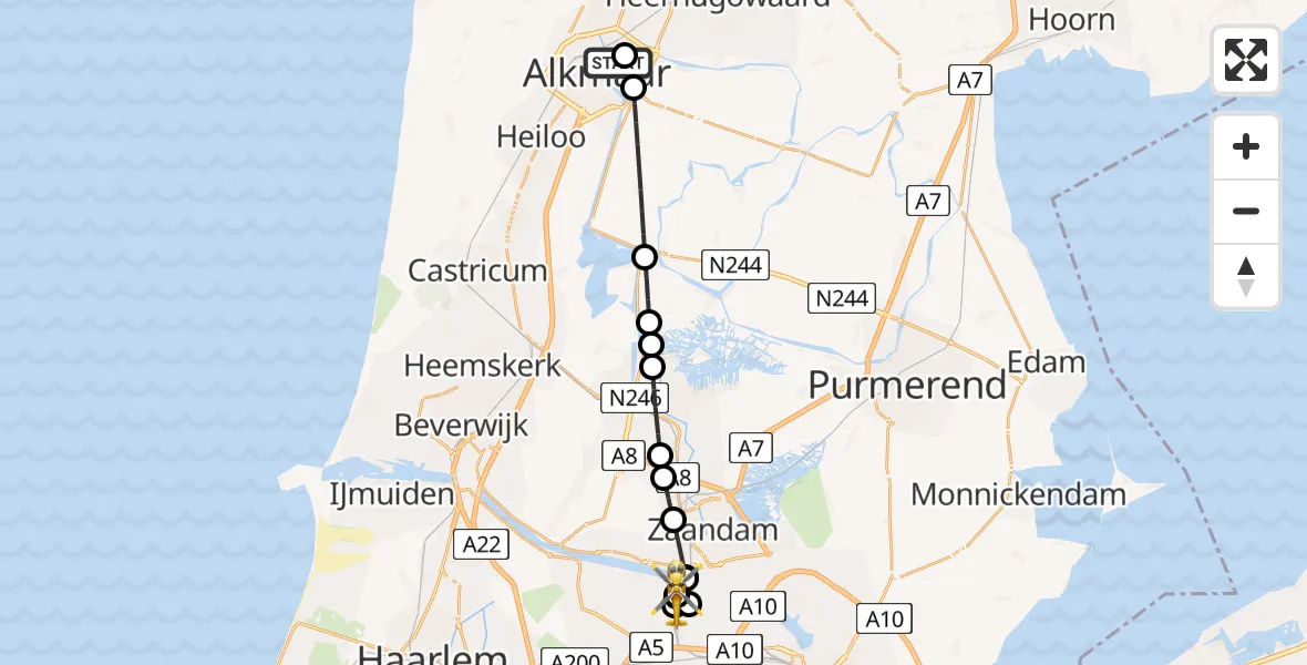 Vluchtroute Traumahelikopter Alkmaar - Amsterdam Heliport, 11 augustus 2026, 21:52