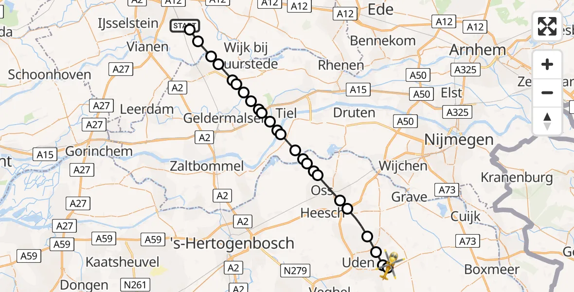 Vluchtroute Traumahelikopter Houten - Vliegbasis Volkel, 11 augustus 2026, 22:36
