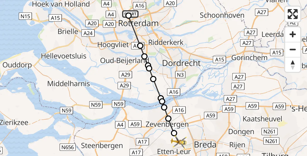 Vluchtroute Traumahelikopter Rotterdam The Hague Airport - Etten-Leur, 11 augustus 2026, 22:49