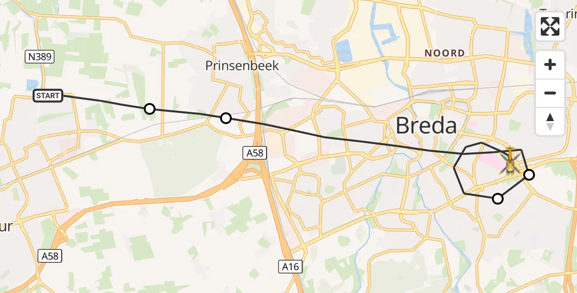 Vluchtroute Traumahelikopter Etten-Leur - Breda, 11 augustus 2026, 23:43