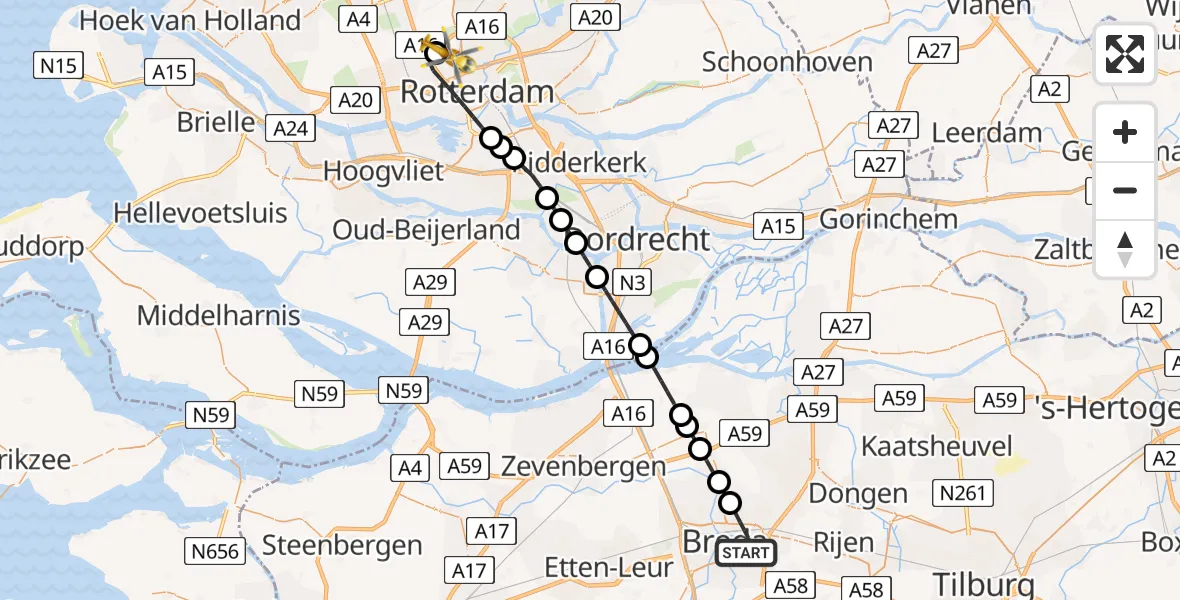 Vluchtroute Traumahelikopter Breda - Rotterdam The Hague Airport, 12 augustus 2026, 00:15