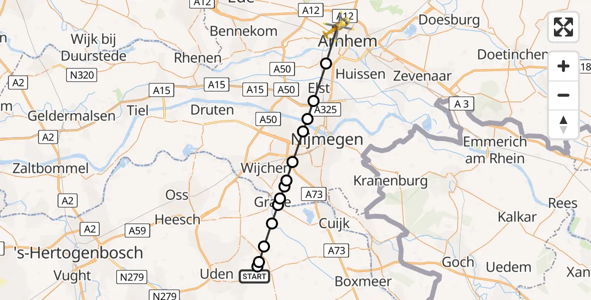 Vluchtroute Traumahelikopter Vliegbasis Volkel - Arnhem, 12 augustus 2026, 03:32